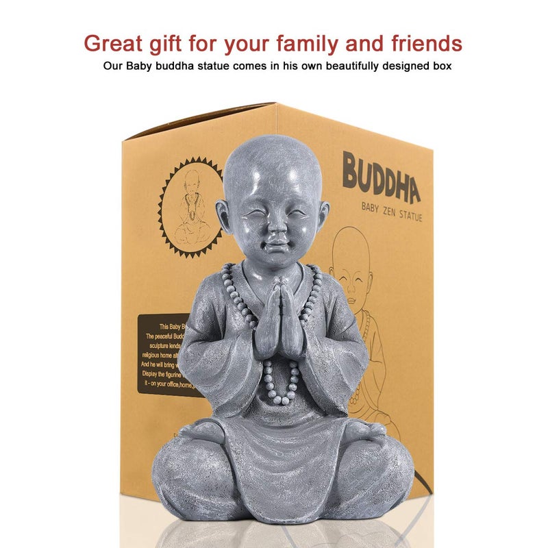 Goodeco Meditating Baby Buddha Statue Figurine - Zen Garden Monk Sculpture,Indoor/Outdoor Decor for Home,Garden Patio Deck Yard Art Decoration- with Natural Wood Beaded Necklace 11.2" (Gray) - Image 2